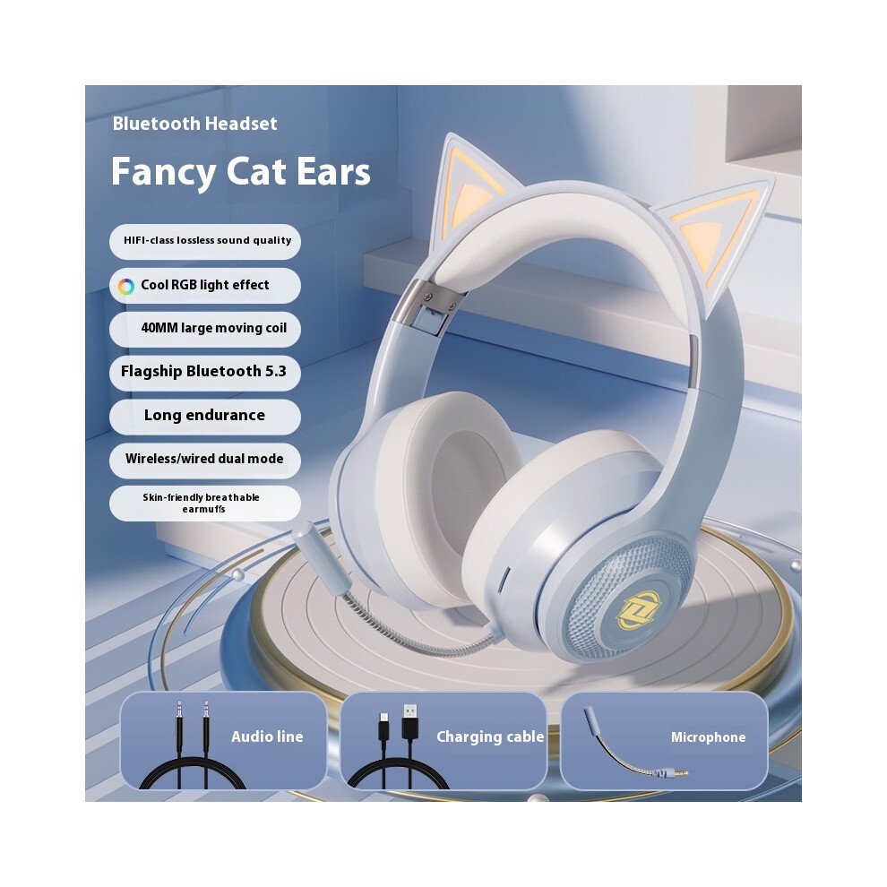 (Blue) 2025 Hot Private Model Cat Ear Wireless Tooth Headset Headset Cute Style Wind Sports Internet Celebrity Model Luminous And Beautiful With M Blue 6921541491925