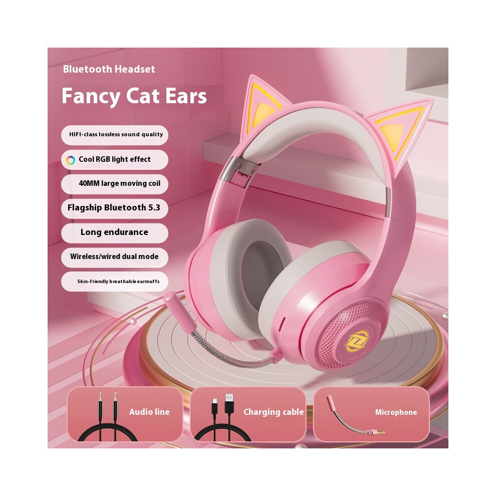 (Pink) 2025 Hot Private Model Cat Ear Wireless Bluetooth Headset Headset Cute Style Wind Sports Internet Celebrity Model Luminous And Beautiful With M Pink 6921541491918