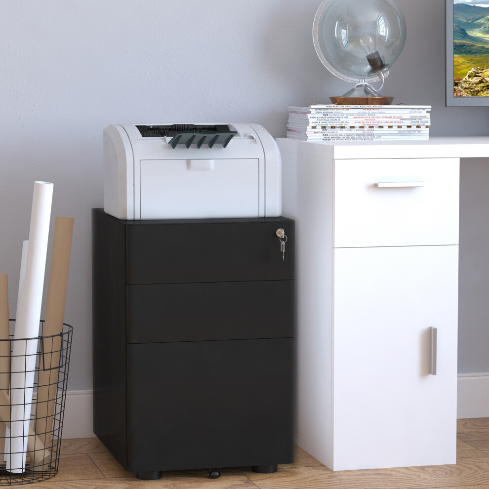 Vinsetto 3 Drawer Metal Filing Cabinet Lockable 5 Wheels Under Desk Black