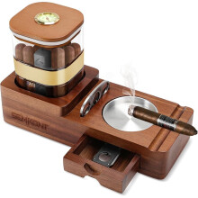 Cigar Humidifier And Cigar Ashtray Suit, Wooden Ashtray With Cigar Can Tray, Cigar Knife Holder, Drawer, Cigar Groove And Cigar Cutte