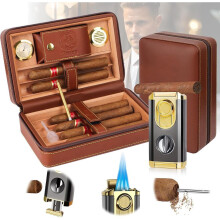 Travel Cigar Humidifier, Cedar Wood Lining, With Integrated Cigar Lighter, Built-in V-shaped Cutter And Bracket, Cigar Extraction Enhancer