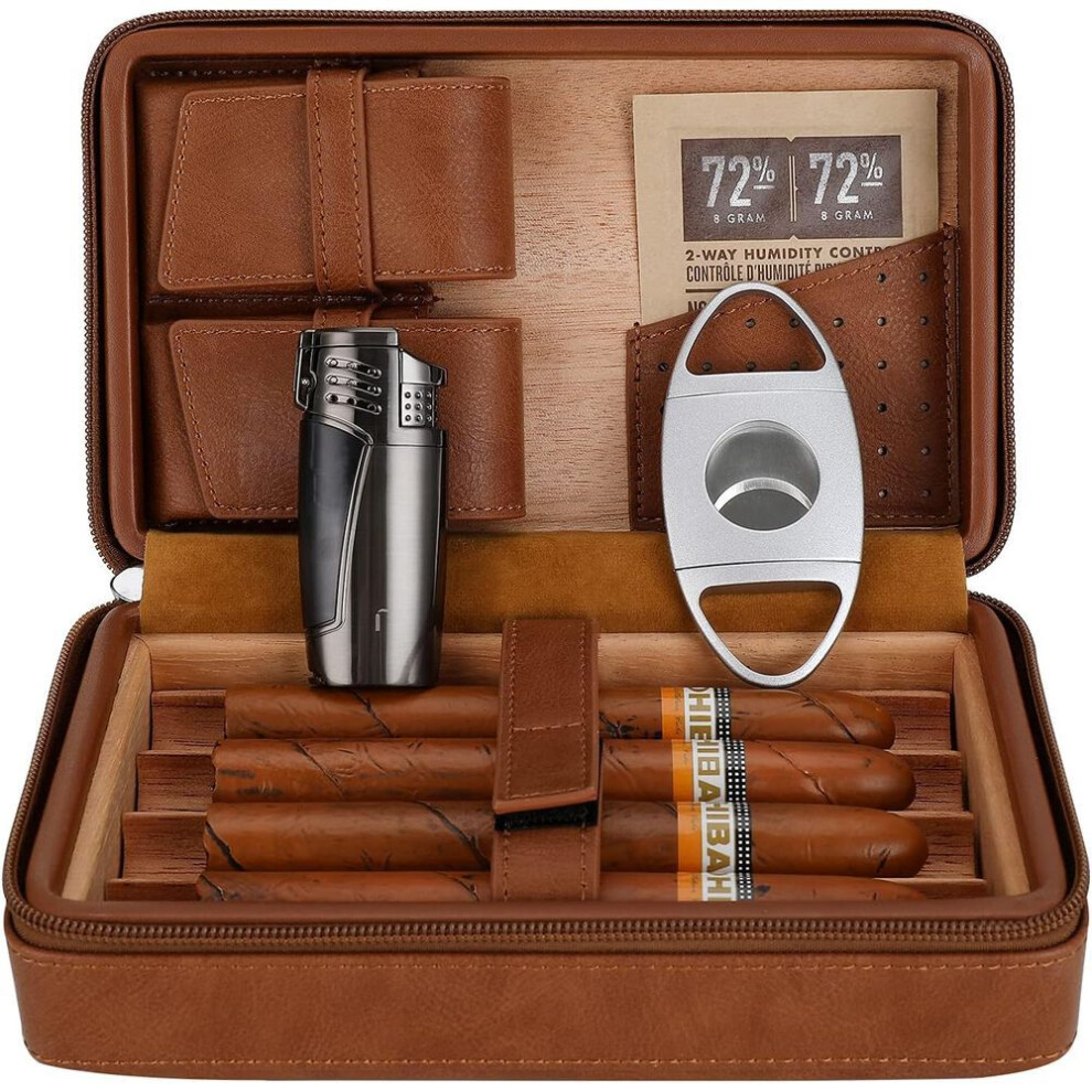 Yeuligo Cigar Box, Cedar Wood Travel Portable Leather Cigar Humidifier With Cigar Lighter And Cutter, Crocodile Pattern Black
