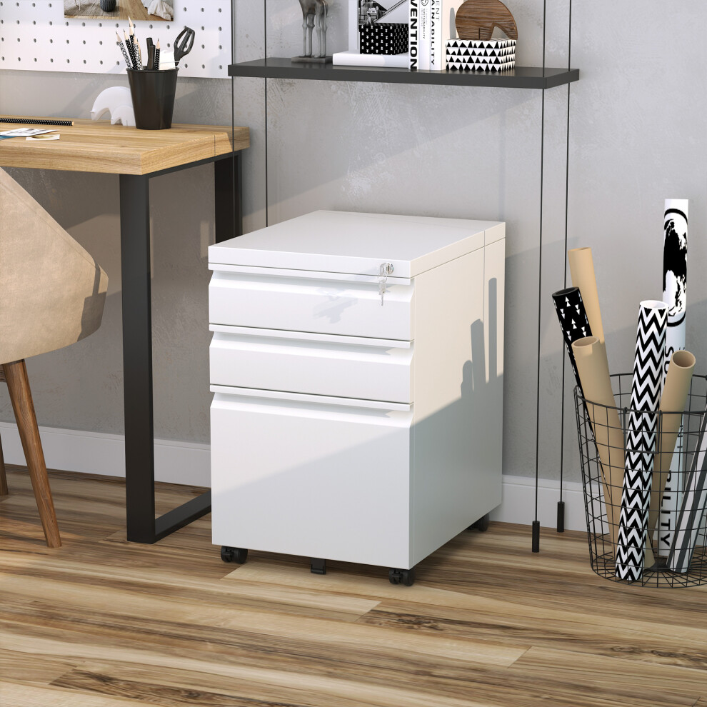 Vinsetto 3 Drawer File Cabinet, Lockable Metal Filling Cabinet, White