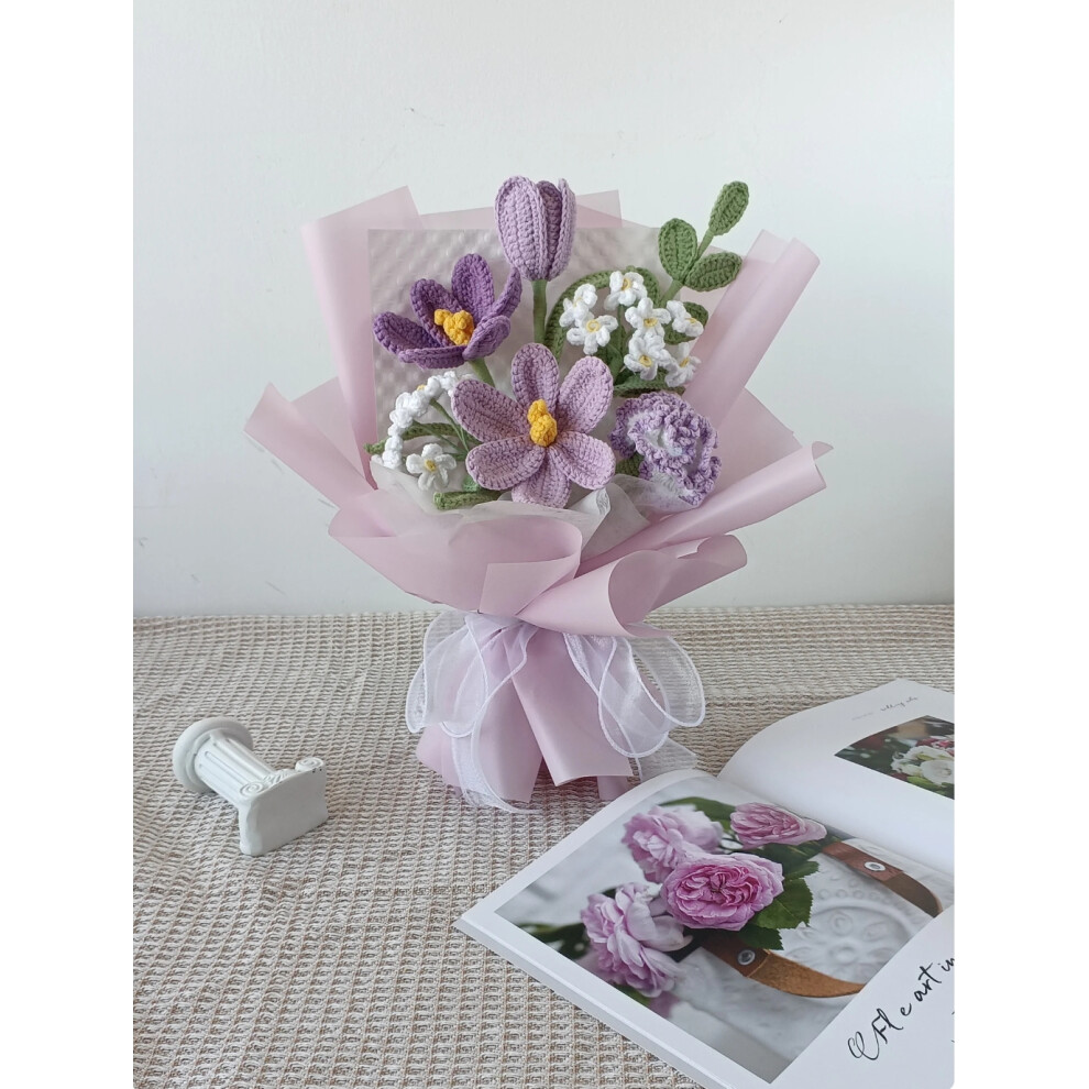 (Purple Medium Wrapped) Crochet flowers bouquet, Tulip, Pink, white, purple, blue, everlasting, Graduation, Birthday, Friend, Sister, Girlfriend Gift, love, Easter