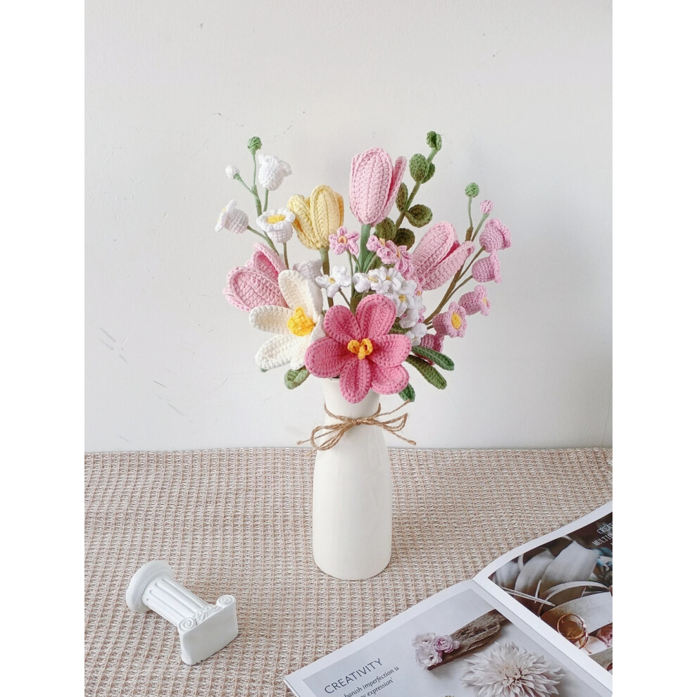 (Pink Large with Vase) Crochet flowers bouquet, Tulip, Pink, white, purple, blue, everlasting, Graduation, Birthday, Friend, Sister, Girlfriend Gift, love, Easter
