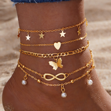 (AY6035701) 5Pcs Retro Multilayer Tassel Anklet Set for Women Vintage Pearl Butterfly Star Heart Pendant Foot Bracelet