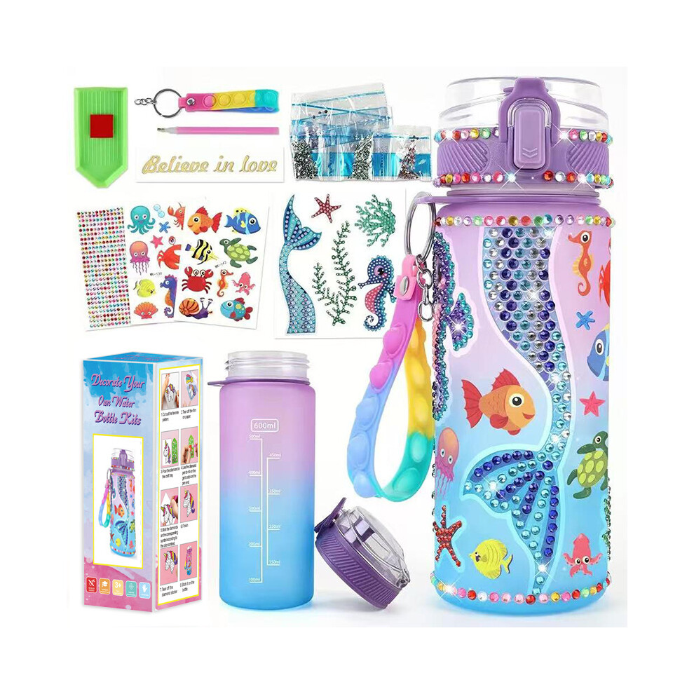 (Purple Mermaid) Decorate Your Own Water Bottle Kits for Girls Mermaid Painting Crafts Fun Arts and Crafts Gifts Toys for Girls Birthday Christmas
