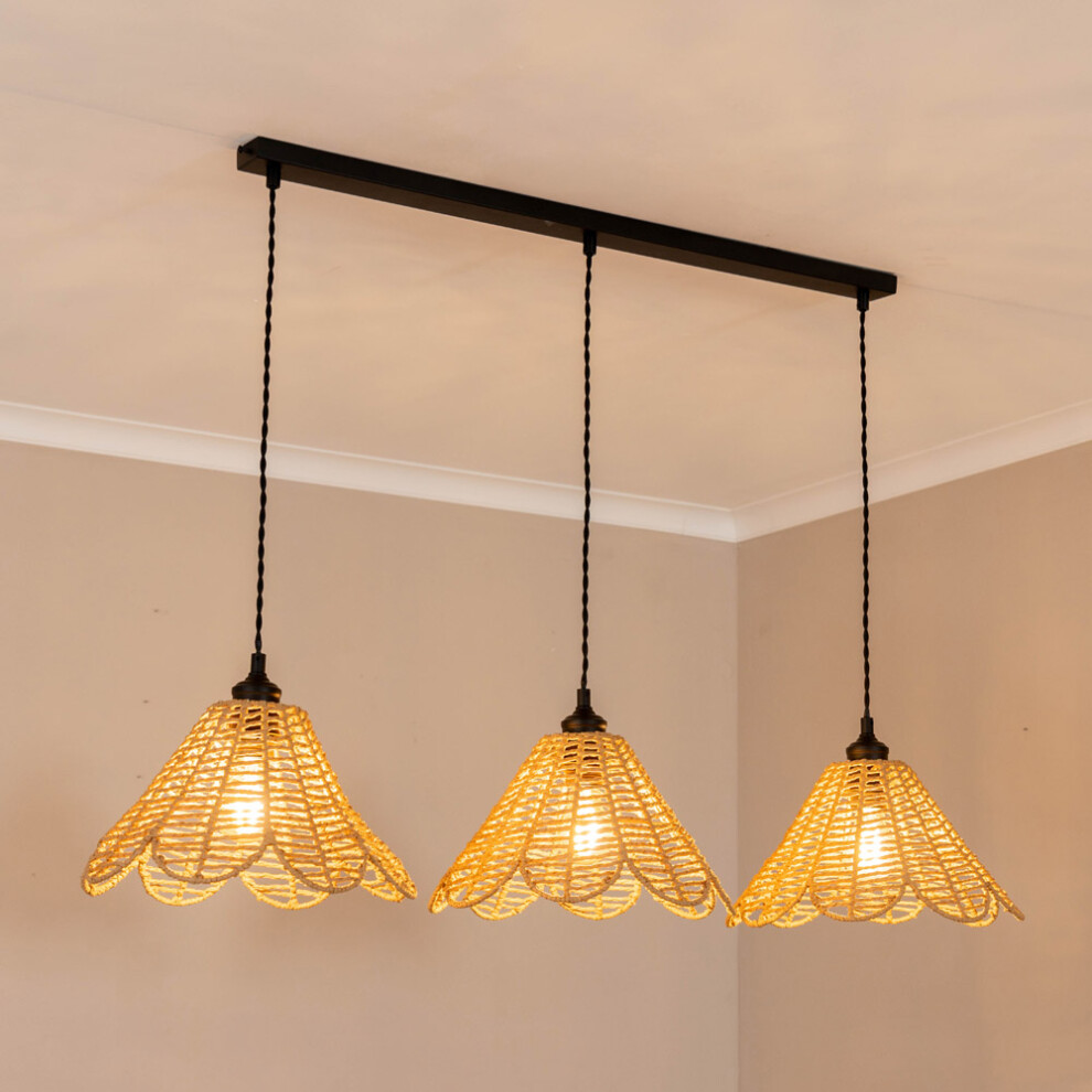 ValueLights Vine Natural Rattan Flower Shade 3 Drop Black Diner Light