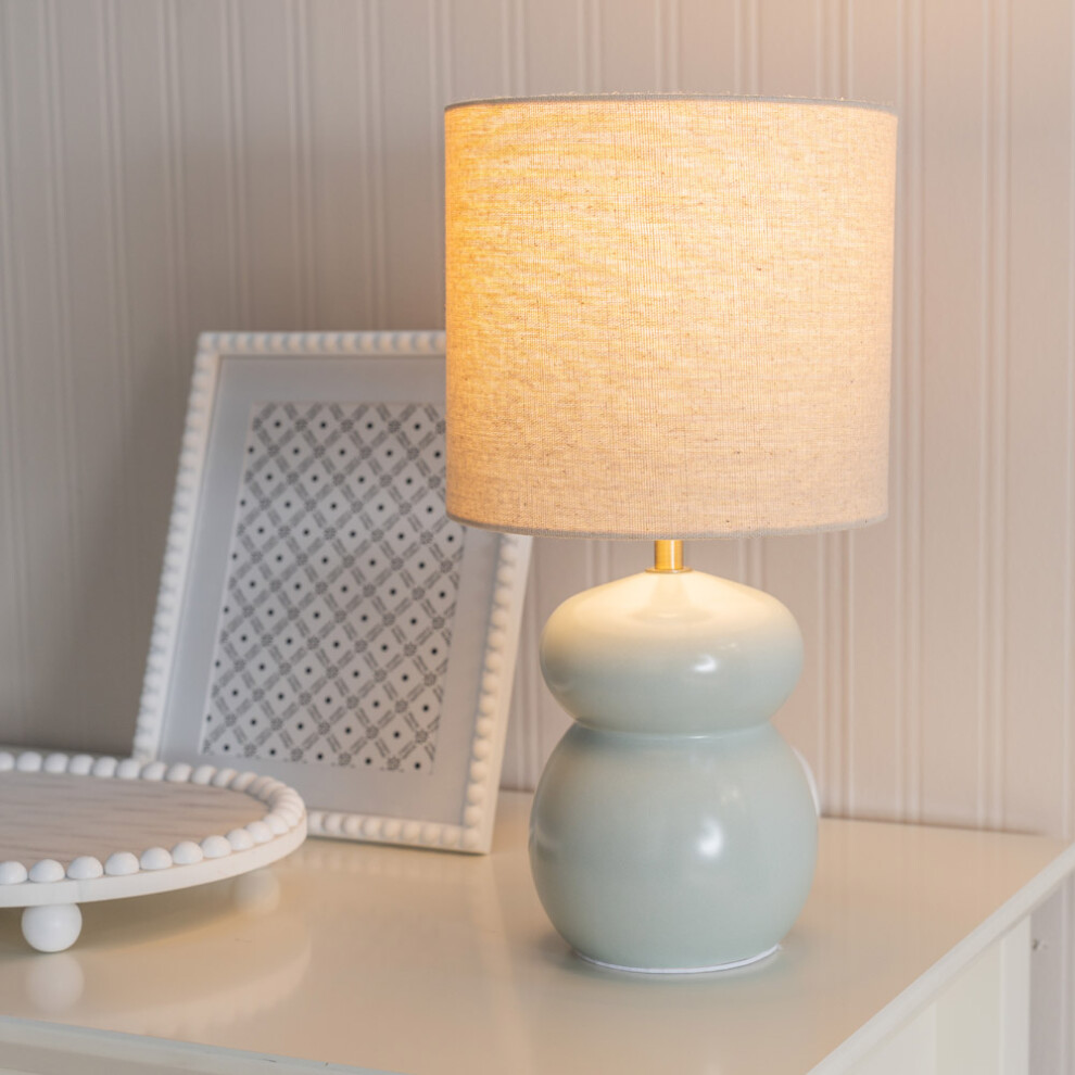 ValueLights Kendal Natural Linen Shade Blue Ceramic Table Lamp & Bulb