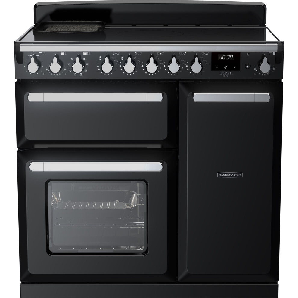 Rangemaster Estel Deluxe ESDL90EIPGBL/CM1 90cm Electric Range Cooker with Induction Hob – Black / Chrome – A/A Rated