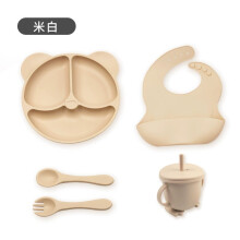 (off-white) Children's cutlery set Baby food training food grade silicone suction cup