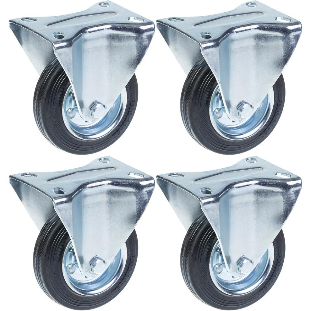 100Mm 4" Castor Rubber Tyre, Fixed, Strong 360Kg Capacity, Set Of 4 5056116819413