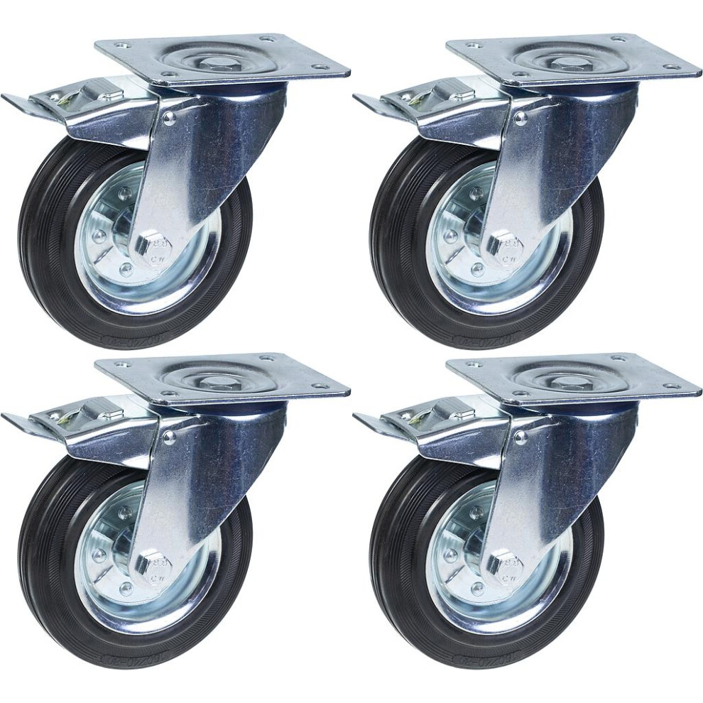 200Mm 8" Castor Rubber Tyre, Swivel With Brake, Strong 800Kg Capacity, Set Of 4 5056116820389