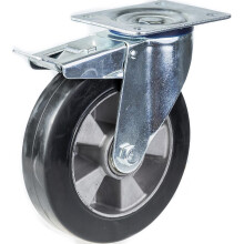 Rueda giratoria/freno de 152 mm con goma elástica negra sobre rueda central de aluminio