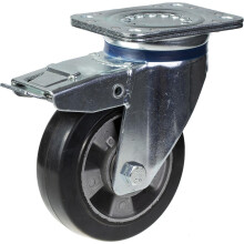 Roda giratória/travão de 152 mm com borracha elástica preta sobre roda central de alumínio