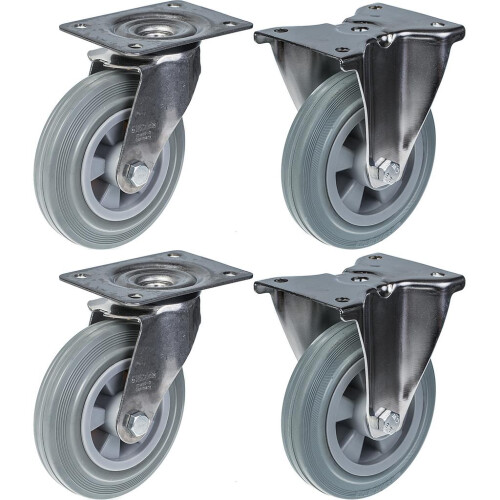 Parnells Caoutchouc roin gris Castor de 160 mm 6", pivotant et fixe, 540 kg, ensemble de 4