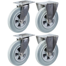 Roda de aço inoxidável de 200 mm 8", borracha cinzenta, giratória e fixa, 820 kg, conjunto de 4