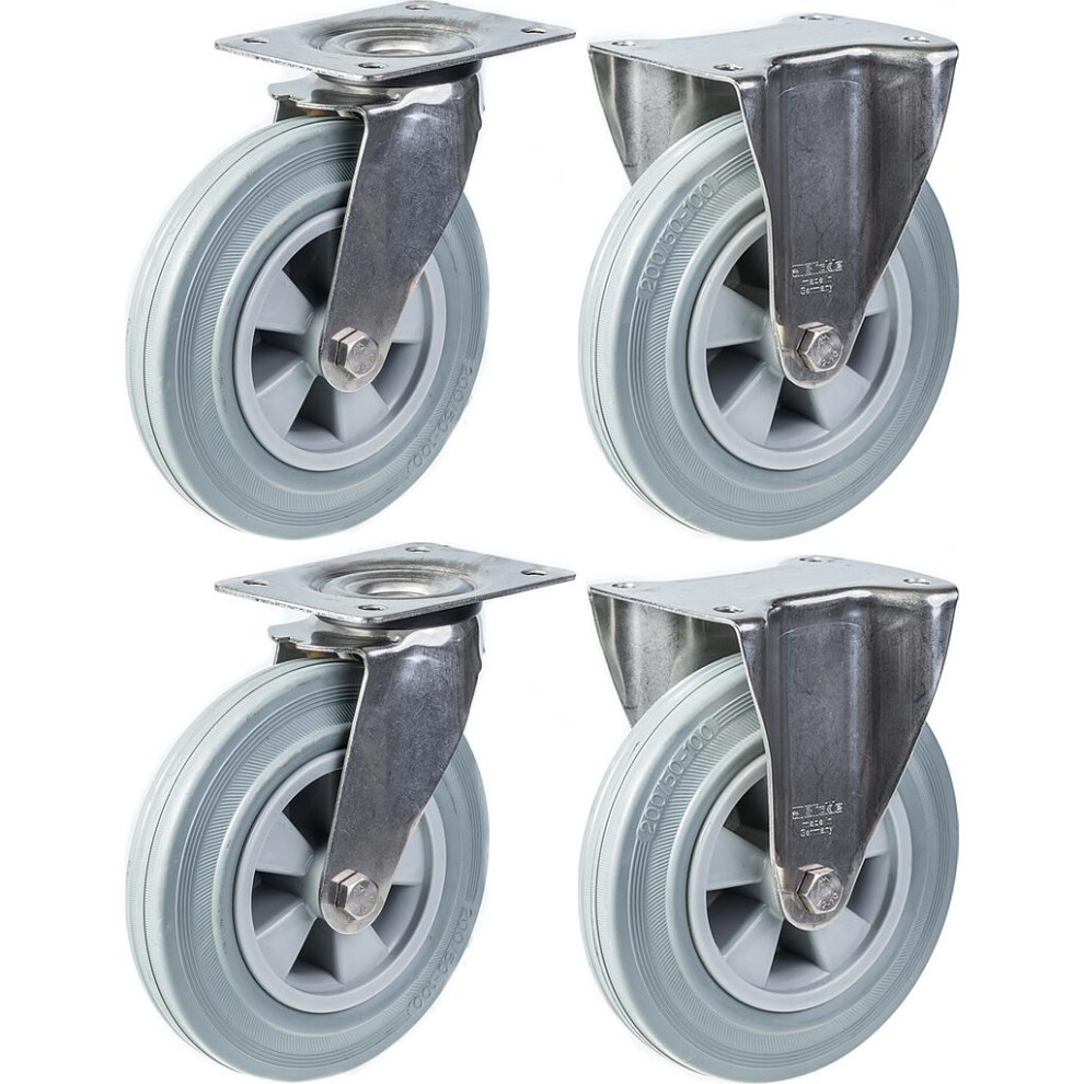 200Mm 8" Stainless Steel Castor Grey Rubber, Swivel & Fixed, 820Kg, Set Of 4 5056116828552