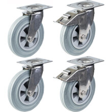 Roda de aço inoxidável de 200 mm 8", borracha cinzenta, giratória e travão, 820 kg, conjunto de 4