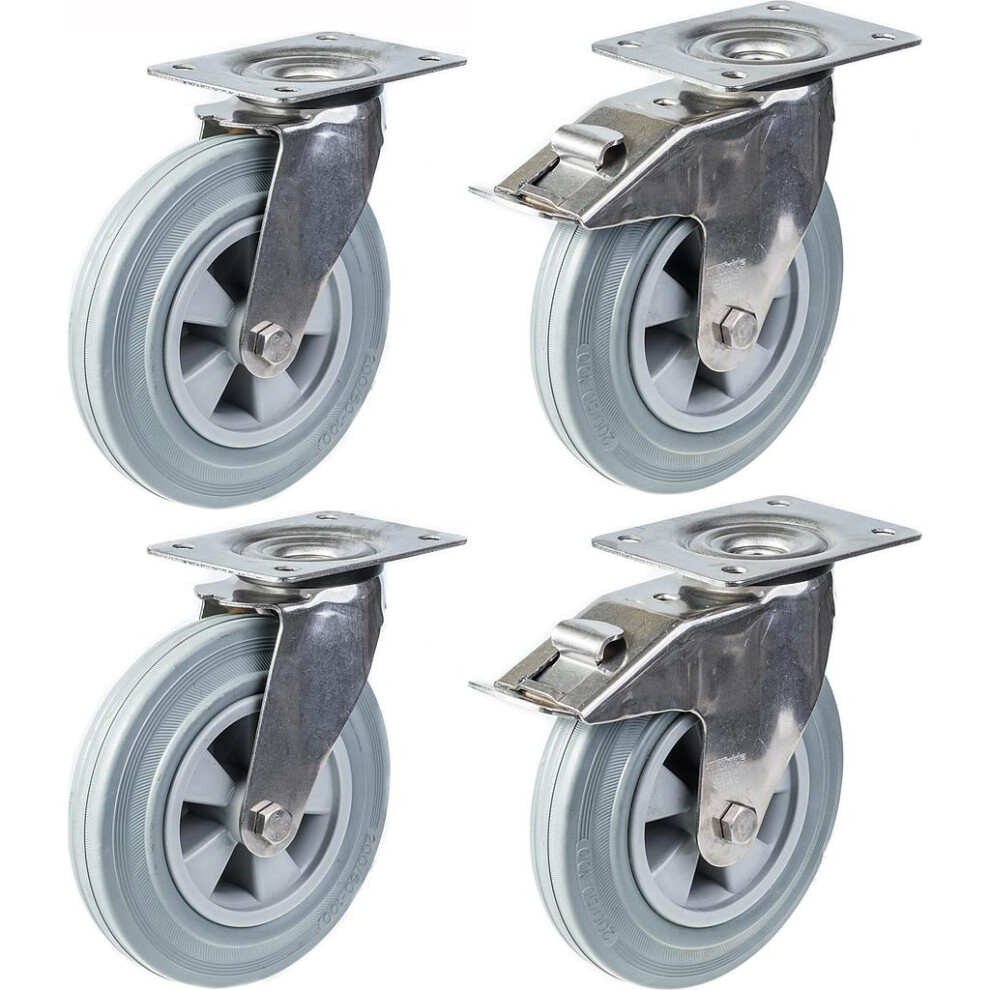 200mm 8" stainless steel castor grey rubber, swivel & brake, 820kg, set of 4