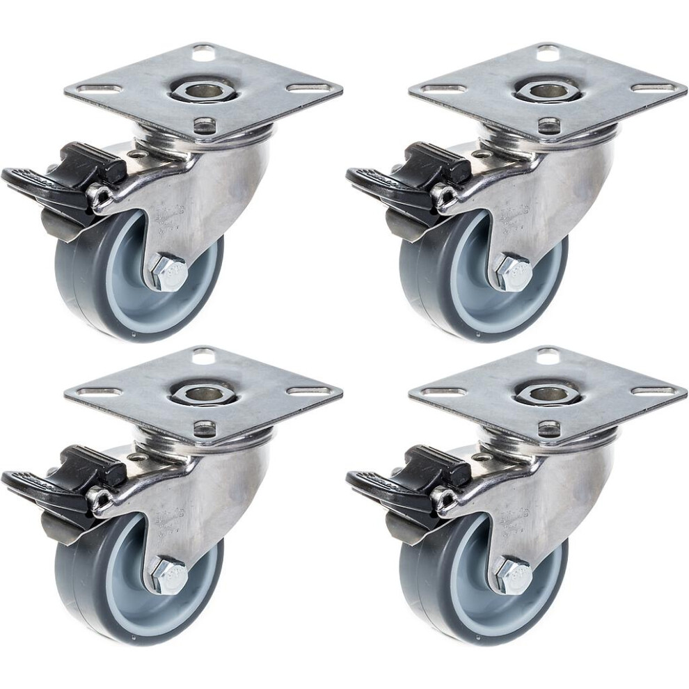 Parnells 50Mm 2" Stainless Steel Castor Rubber, Swivel With Brake, 160Kg, Set Of 4 Grey