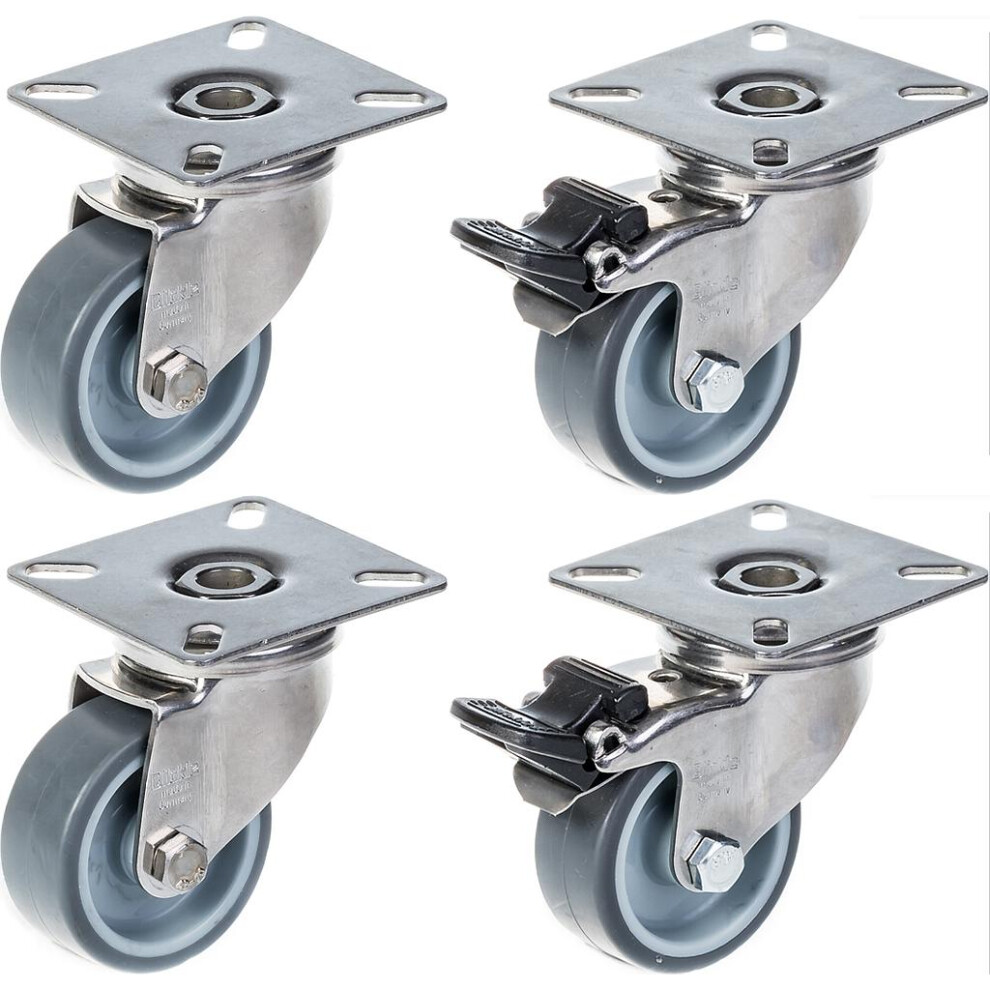 Parnells 50Mm 2" Stainless Steel Castor Rubber, Swivel & Brake, 160Kg, Set Of 4 Grey