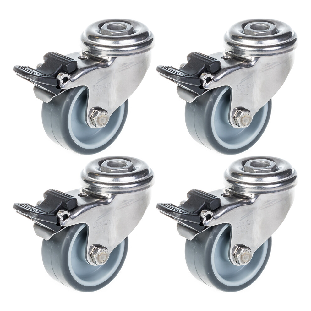 Parnells 50Mm 2" Stainless Steel Castor Rubber, Swivel With Brake, 160Kg, Set Of 4 Grey