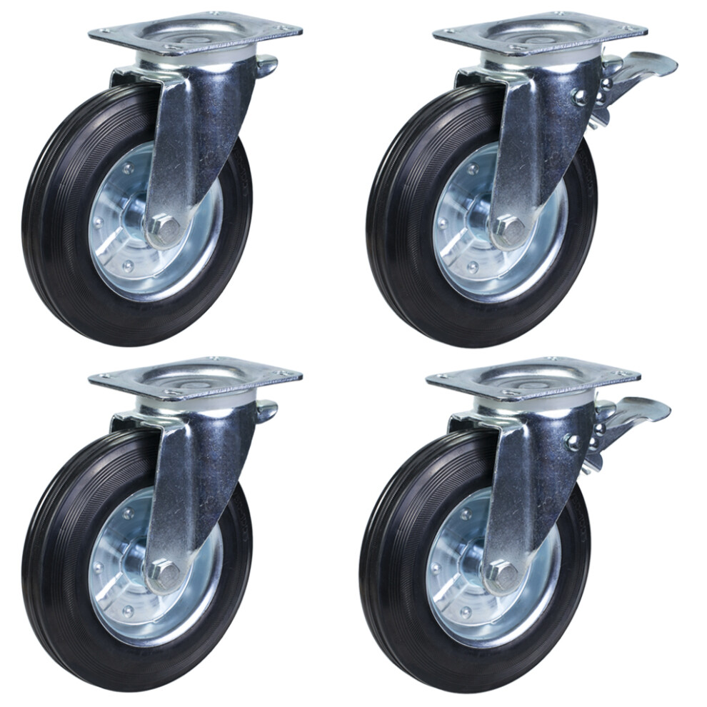 Parnells 200Mm 8" Rubber Wheel Waste Bin Castors, Swivel & Swivel/Brake - Set Of 4