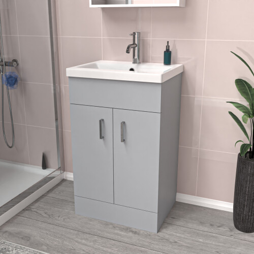NES Home Nes Home Matte Grey 500mm Floor Standing Vanity Unit & White Basin Flat Pack