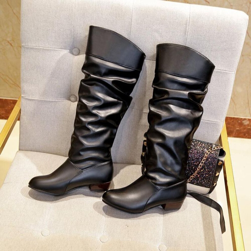 (black, 38) Oversized Women&apos;s Shoes Autumn And Winter 2022 New Medium Heel Women&apos;s Riding Boots Europe And America Solid Color Pleated High Leather Boot