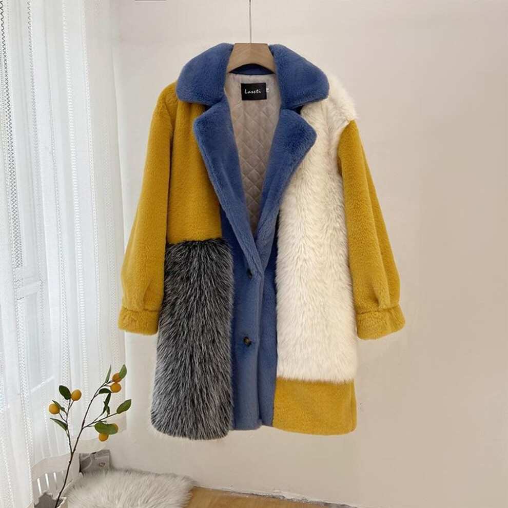 (as the picture, S) 2023 Winter Women&apos;s Coat Female Lapel Long Faux Fur Coat Women Plush Jacket Fluffy Overcoat Ladies Korean Style Patchwork Streetwear Outerwear