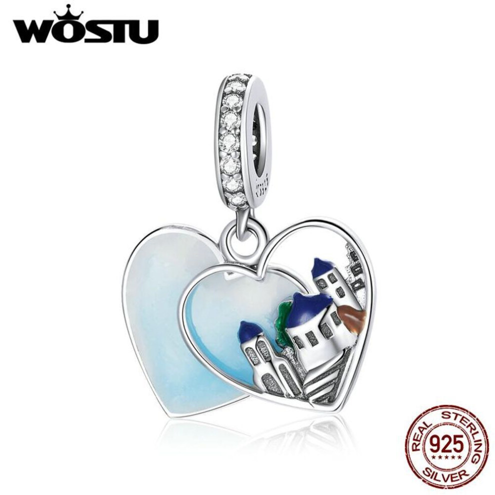 (silver) Wostu 925 Sterling Silver Love Heart-shape Charm Pendant Santorini Castle Charming Scenery Beads For Original 3mm Bracelets & Necklaces Diy Jewelr