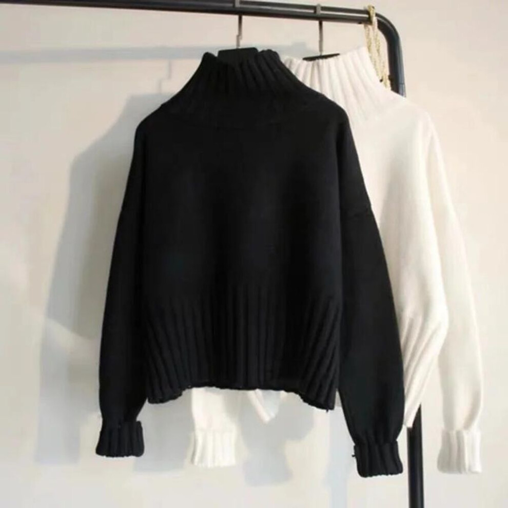(One Size, black) Autumn Winter Turtleneck Casual Pullover White Black Sweater Fashion Korean Women&apos;s Loose Tops Knit Jumpers Long Sleeve Knitwears Sweaters 29428