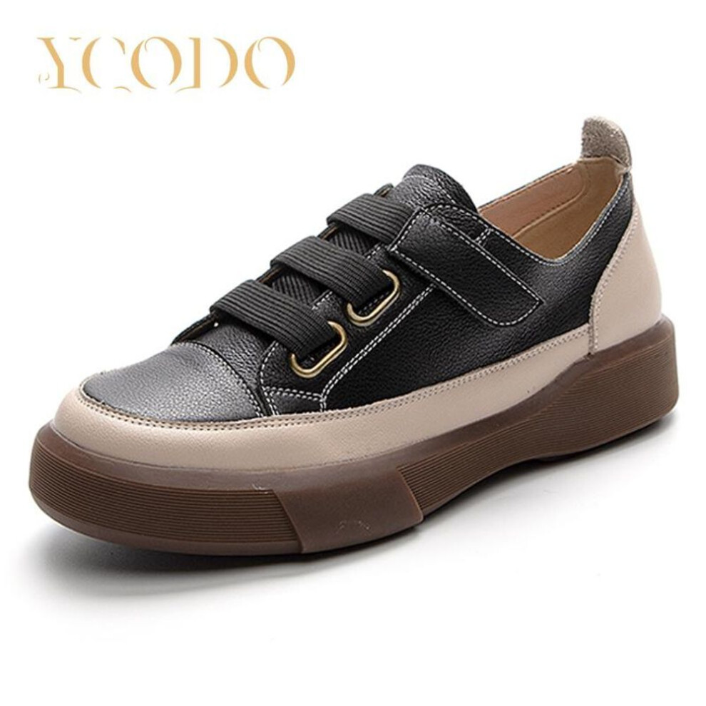 (black, 43) Women&apos;s Spring, Summer and Autumn Natural Leather Season Soft Bottom Low Top Shoes Large Size Retro Flat Comfortable Girl Student Leather Shoes