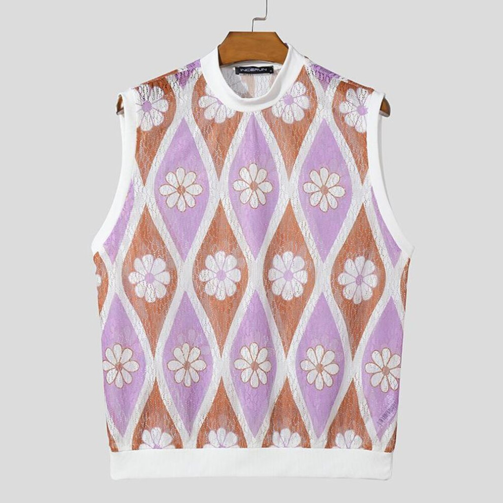 (purple, M) Incerun Men Sleeveless Lace Crochet Summer Tank Tops Vest