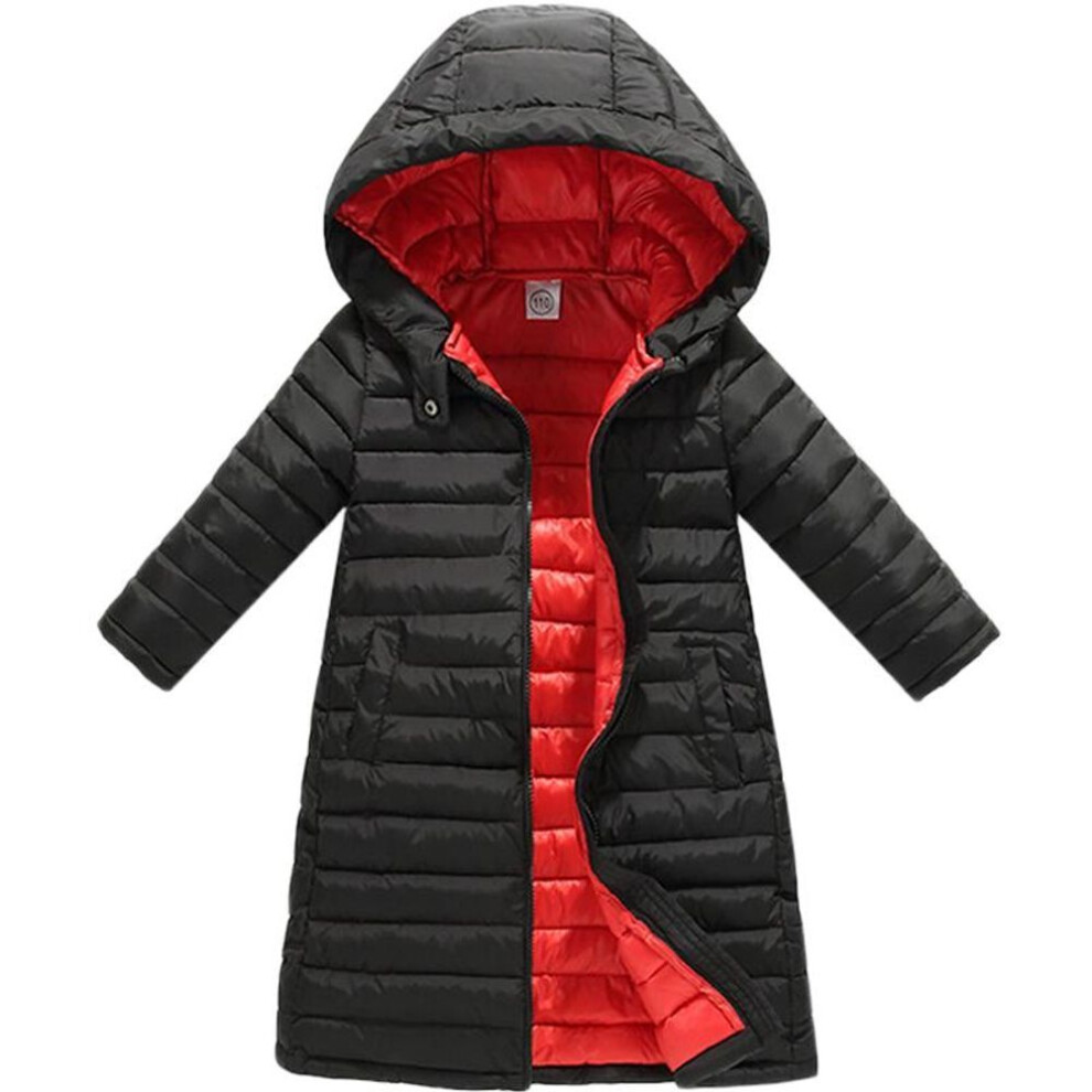 (black, 150cm) Autumn Winter Children&apos;s Cotton Knee Length Clothing Outerwear Jacket For Boys Girls Clothes Cotton-padded Hooded Kids Coat Children Clothing Par