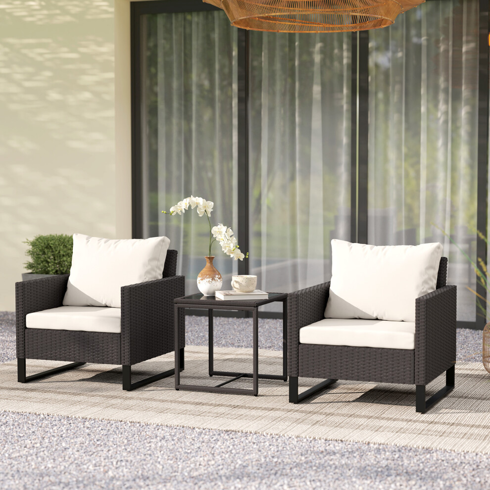 Outsunny 3PCS Rattan Bistro Set Glass Top Table and Chairs with 4 Cushions Brown