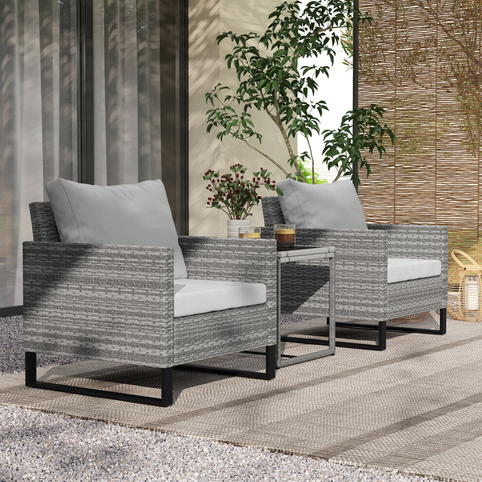 Outsunny 3PCS Rattan Bistro Set Glass Top Table and Chairs with 4 Cushions Grey