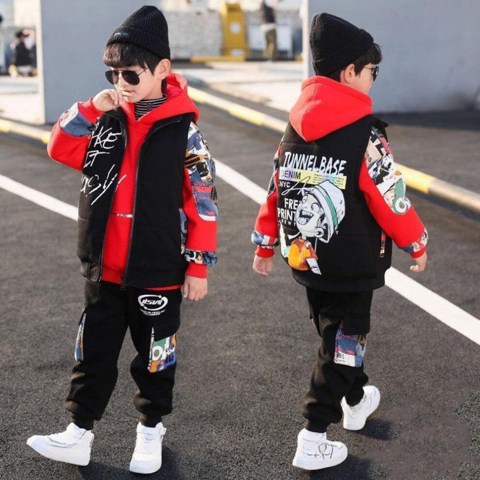 (red, 120) Boys&apos; Spring And Autumn Suits Children&apos;s Plus Velvet Thickened Three-piece Set Boys&apos; Hooded Pullover Long-sleeved Sweaters+vest+pants S