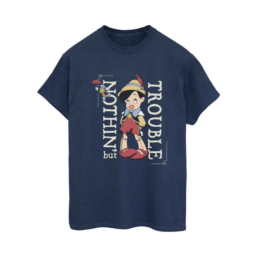 (3XL, Navy Blue) Disney Womens/Ladies Pinocchio Nothing But Trouble Cotton Boyfriend T-Shirt