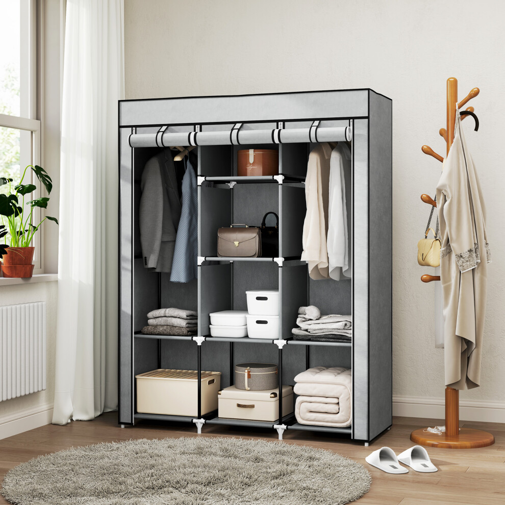 HOMCOM Fabric Portable Wardrobe with 8 Shelves 2 Hanging Rails, Light Grey-image-OPC-PG62X2F-NEW