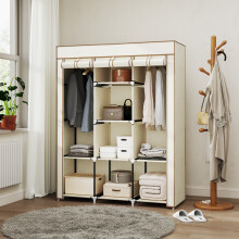 HOMCOM Fabric Portable Wardrobe with 8 Shelves 2 Hanging Rails, Cream White