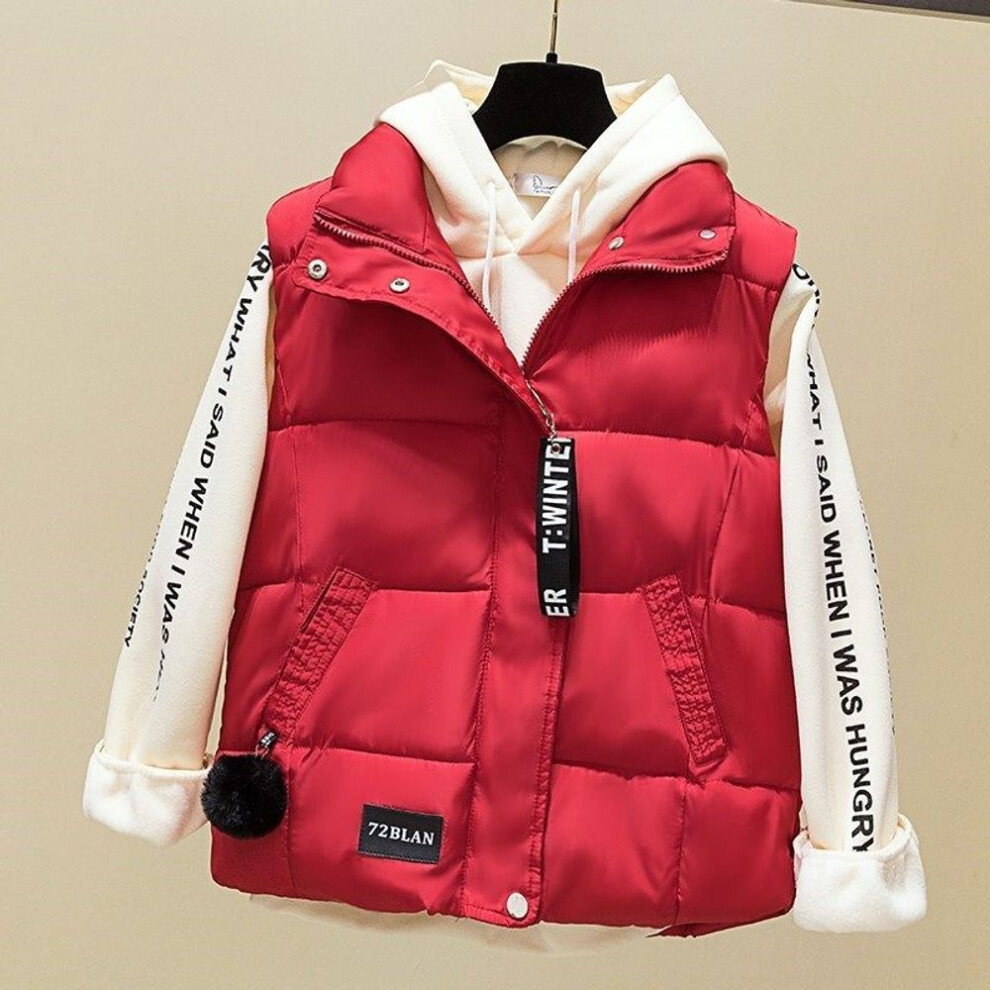 (red, L) Autumn And Winter Slim Down Cotton Vest Women&apos;s Sleeveless Waistcoat Thickened Short Vest Jacket Straight Version Type Stand-up Collar Without Ho