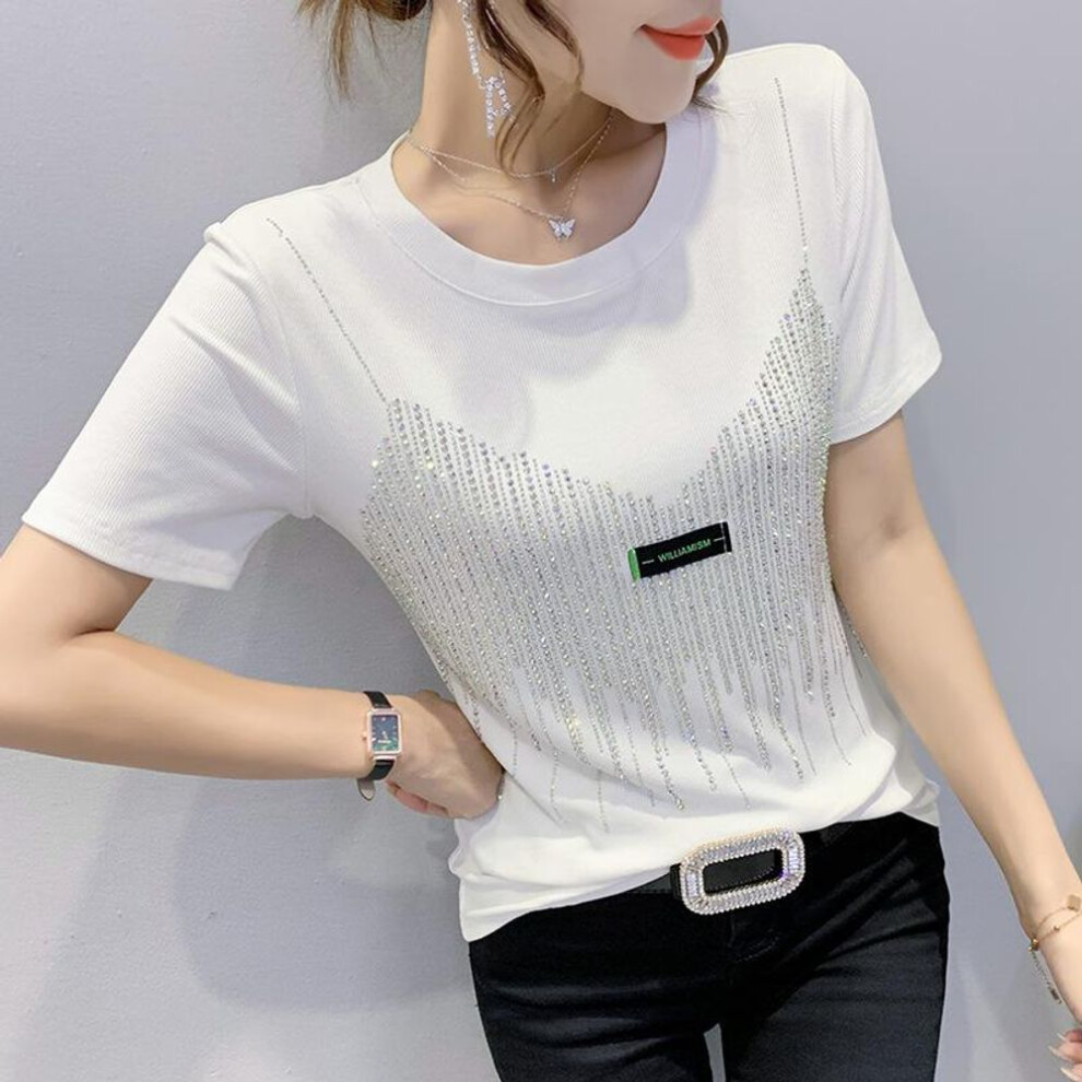 (white, XXXL) Women Casual Solid Color O Neck T-shirt Ladies Streetwear Tees Top Summer Diamond Short Sleeve T Shirt