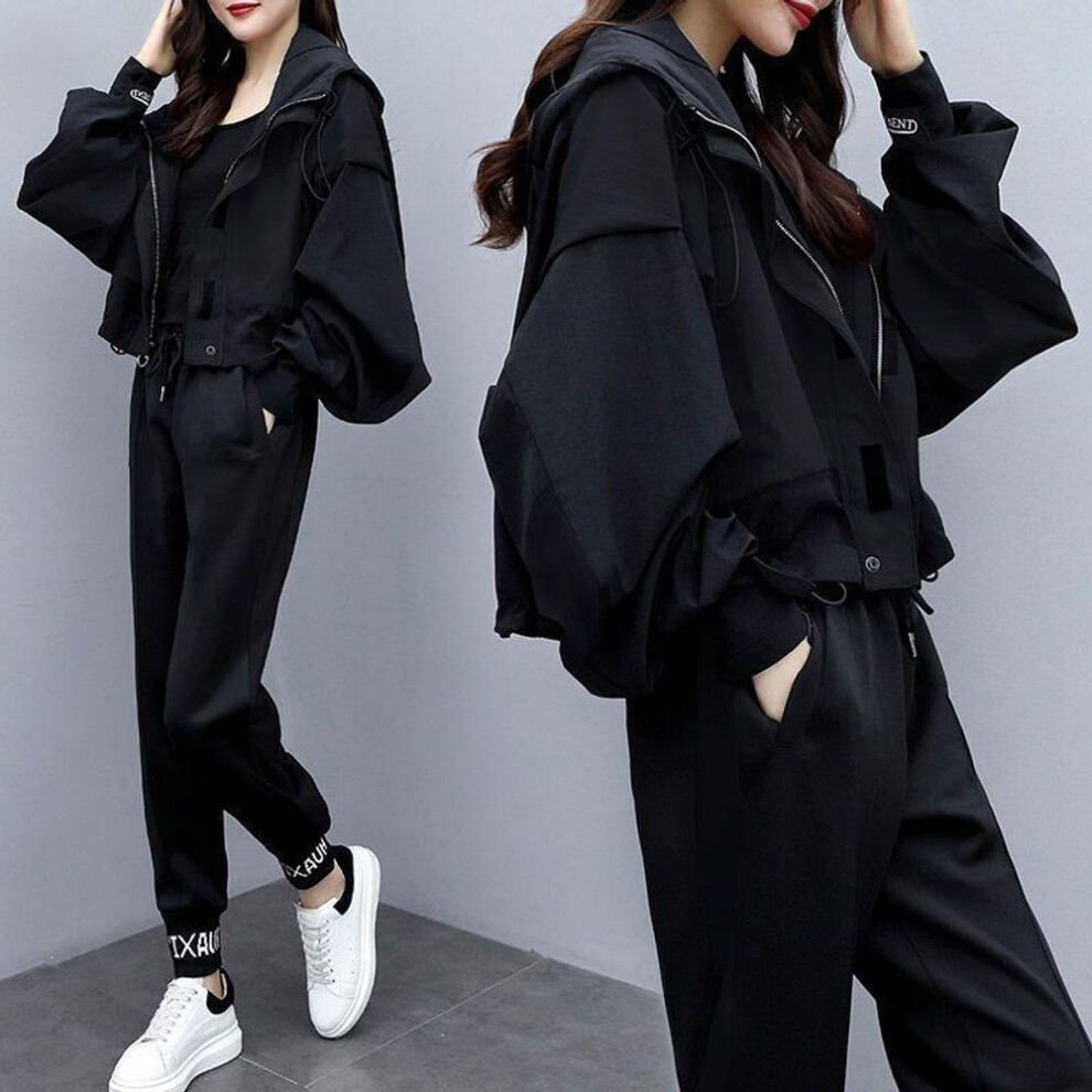 (black, XXL) FiveFive Women&apos;s Tracksuit Korean Elegant Hoodie Zipper Jacket Coat Sport Pants Two Piece Suit Spring Autumn Matching Set