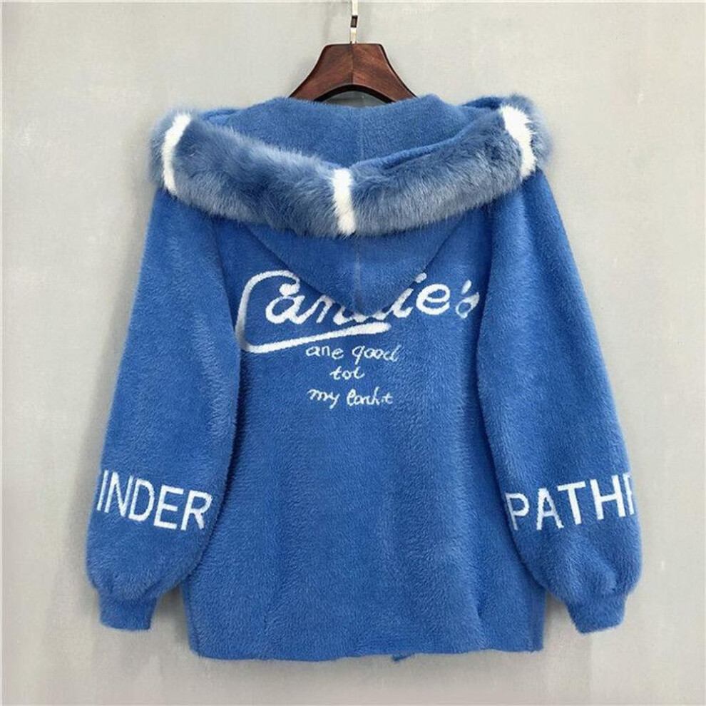 (blue, XL) Cardigan Women Autumn Korean Fur Collar Hooded Imitation Mink Velvet Knitwear Coat Loose Femme Short Tops
