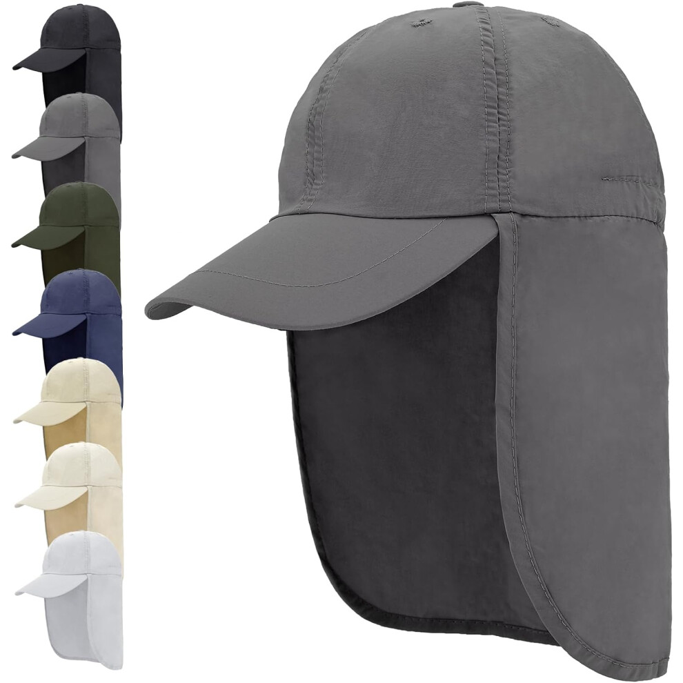 (Dark Grey) UPF 50  Waterproof Sun Hat - Packable Unisex Baseball Cap with Neck Flap for Beach, Golf, Hiking, Fishing & Running