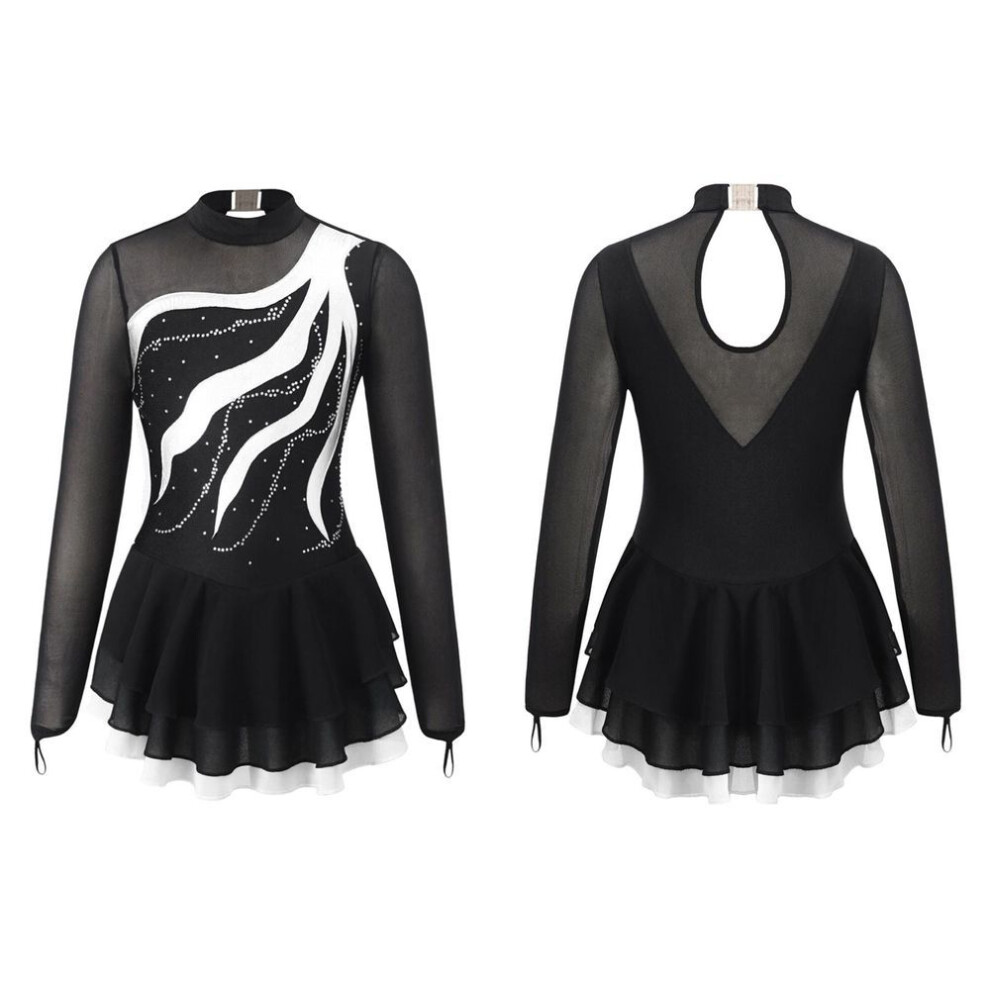 (white, 9-10 Years) Kids Girls Long Sleeve Rhinestone Decorated Hollow Back Dance Dress Girls&apos; Figure Ice Skating Leotard Dress