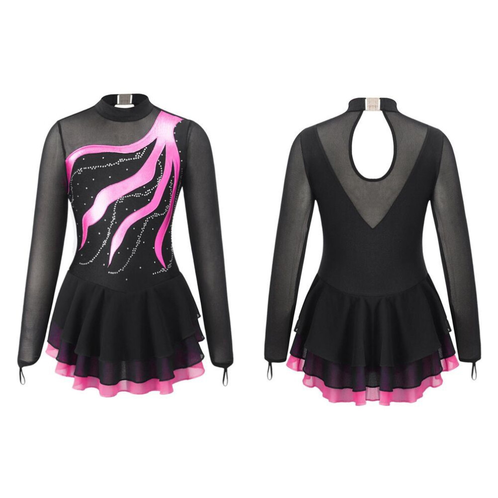 (hot pink, 5-6 Years) Kids Girls Long Sleeve Rhinestone Decorated Hollow Back Dance Dress Girls&apos; Figure Ice Skating Leotard Dress
