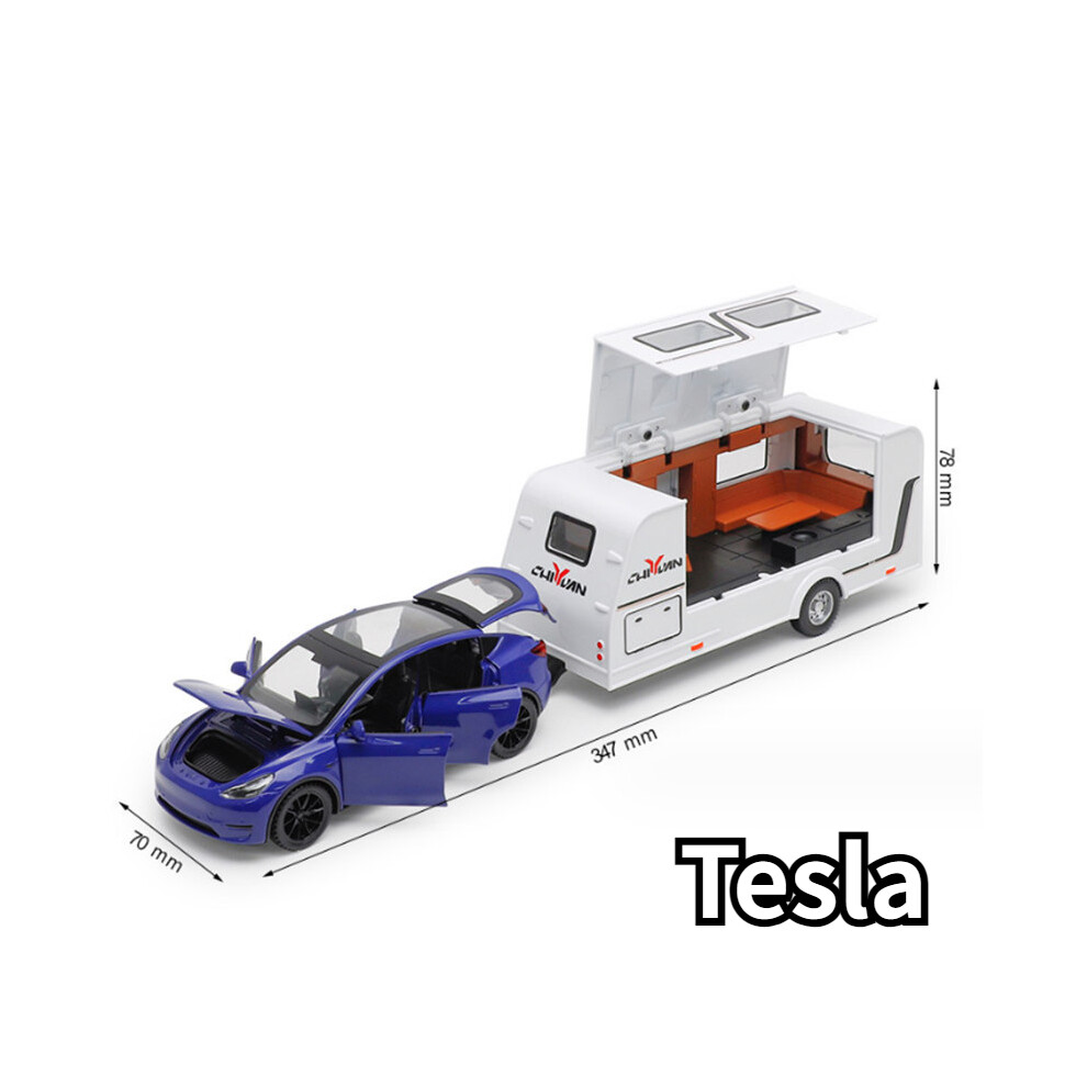(Blue Tesla) 1/32 Trailer RV Truck Toy Model Car Alloy Diecast Off-road Vehicle Camper with Sound Light Toy Car Model-image-OPC-PG8WB79-NEW